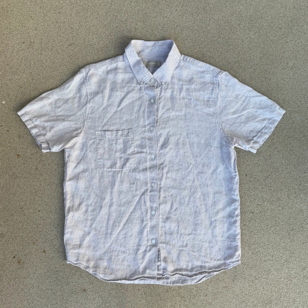 Everlane Striped Mens Medium Short Sleeve Shirt - Grey-White Linen